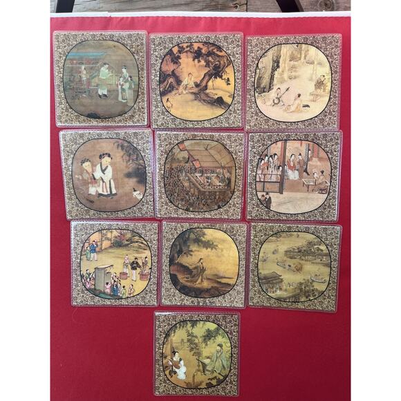 10 Piece Ancient Chinese Dynasty drink Coaster Set with pouch VTG - Picture 1 of 5